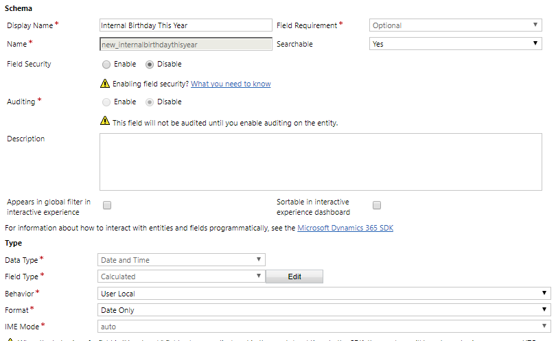 Create a field, Internal Birthday This Year, as a calculated date and time field configured as user local and date only