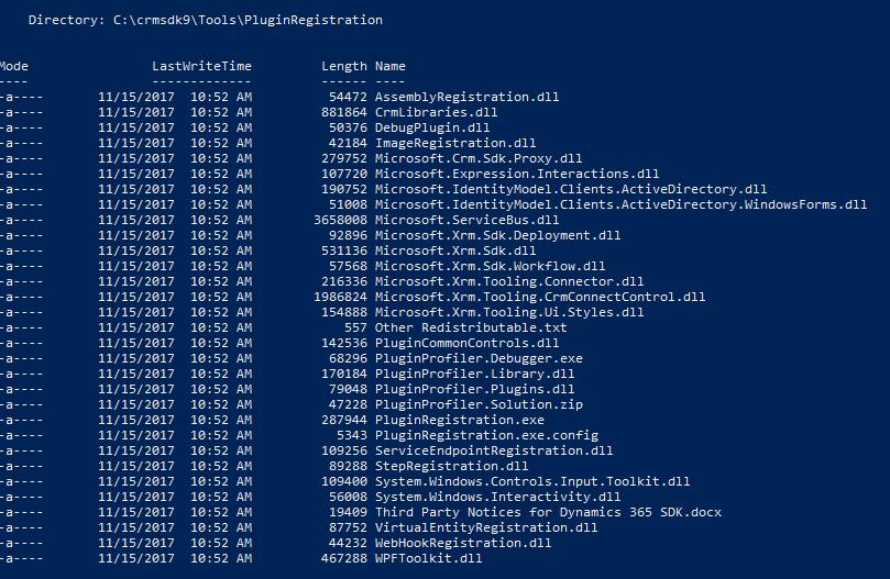 A listing of the files related to the PluginRegistration tool as they appear after installation of the NuGet package