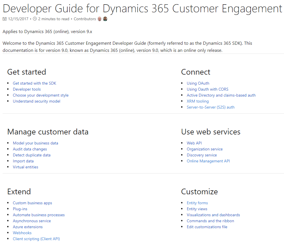 Image of webpage at https://docs.microsoft.com/en-us/dynamics365/customer-engagement/developer/developer-guide