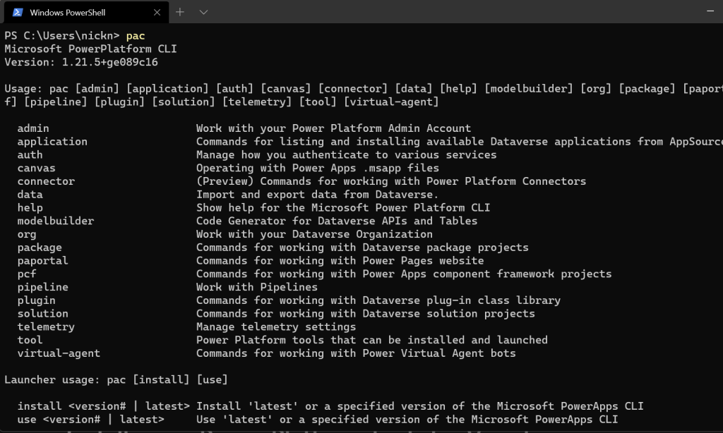 Display of the `pac` command output when the Power Platform CLI application is installed.