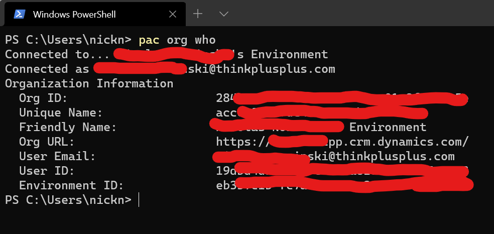Display of content from running the `pac org who` command. Renders the current Org ID, Unique Name, Friendly Name, Org URL, User Email, User ID, and Environment ID.